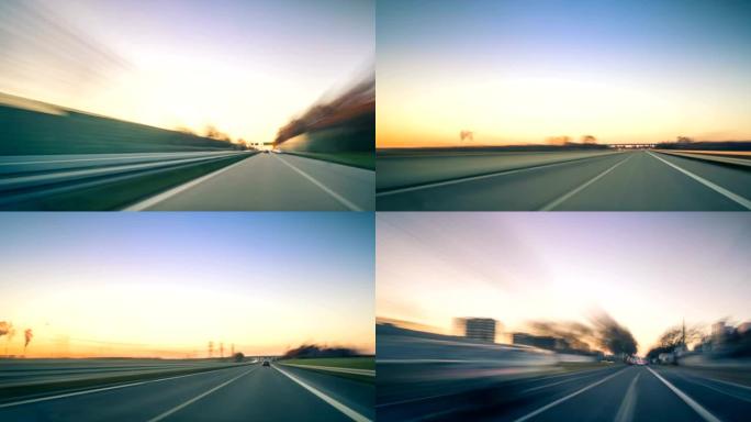 日落时在德国高速公路上行驶，延时视频