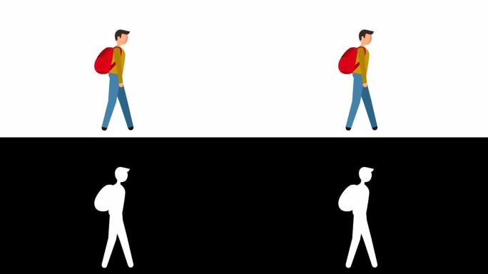 简笔画象形男子步行自行车与背包人物平面动画