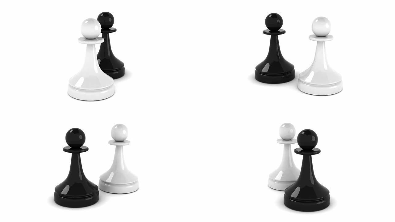 黑白古典棋子围绕一个共同的中心旋转