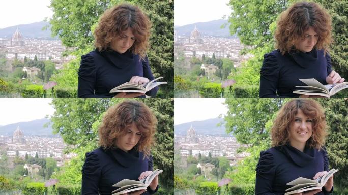 在佛罗伦萨阅读旅游指南: 女人，天际线，户外，白天，托斯卡纳
