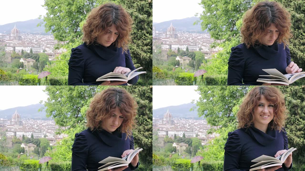 在佛罗伦萨阅读旅游指南: 女人，天际线，户外，白天，托斯卡纳