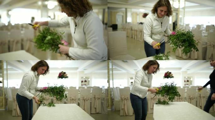 花店女士准备婚礼花卉装饰