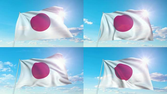 带有织物结构的日本国旗在多云的天空中 (可循环)