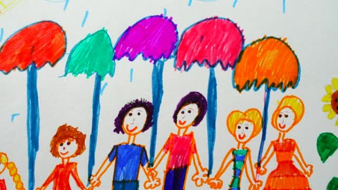 雨中撑伞的大家庭，画画。