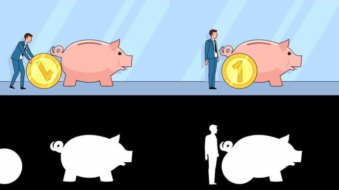 平面卡通商人人物卷推硬币到存钱罐美分钱概念动画