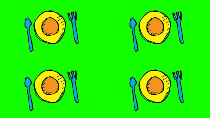 儿童画以餐具盘为主题的绿色背景