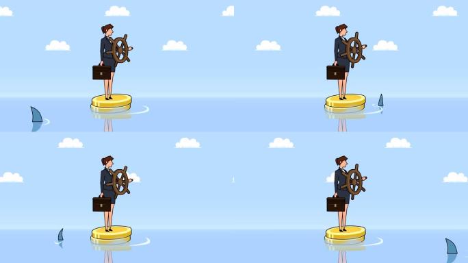 平面卡通女商人角色，掌舵轮漂浮在鲨鱼企业控制概念动画附近的美元硬币上