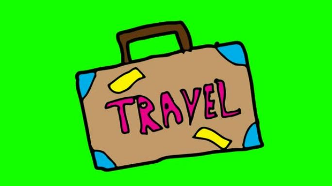 儿童画绿色背景以旅行行李为主题