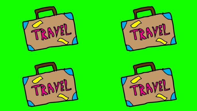 儿童画绿色背景以旅行行李为主题