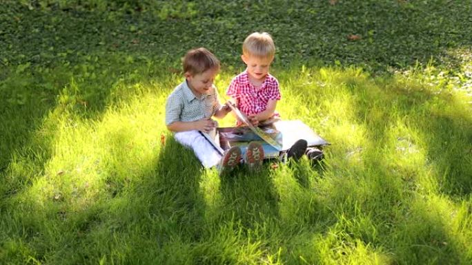 两个小兄弟坐在公园的草地上，看着相册。