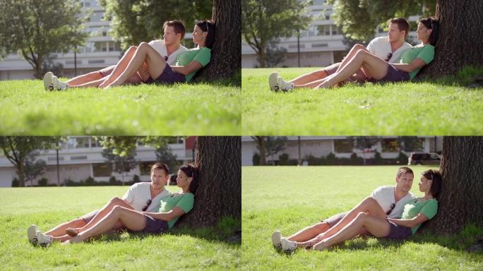 恋爱中的情侣坐在公园的树下