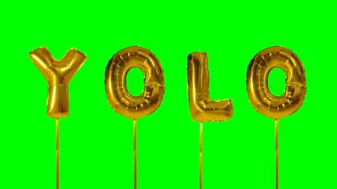 漂浮在绿色屏幕上的氦气金色气球字母中的单词YOLO