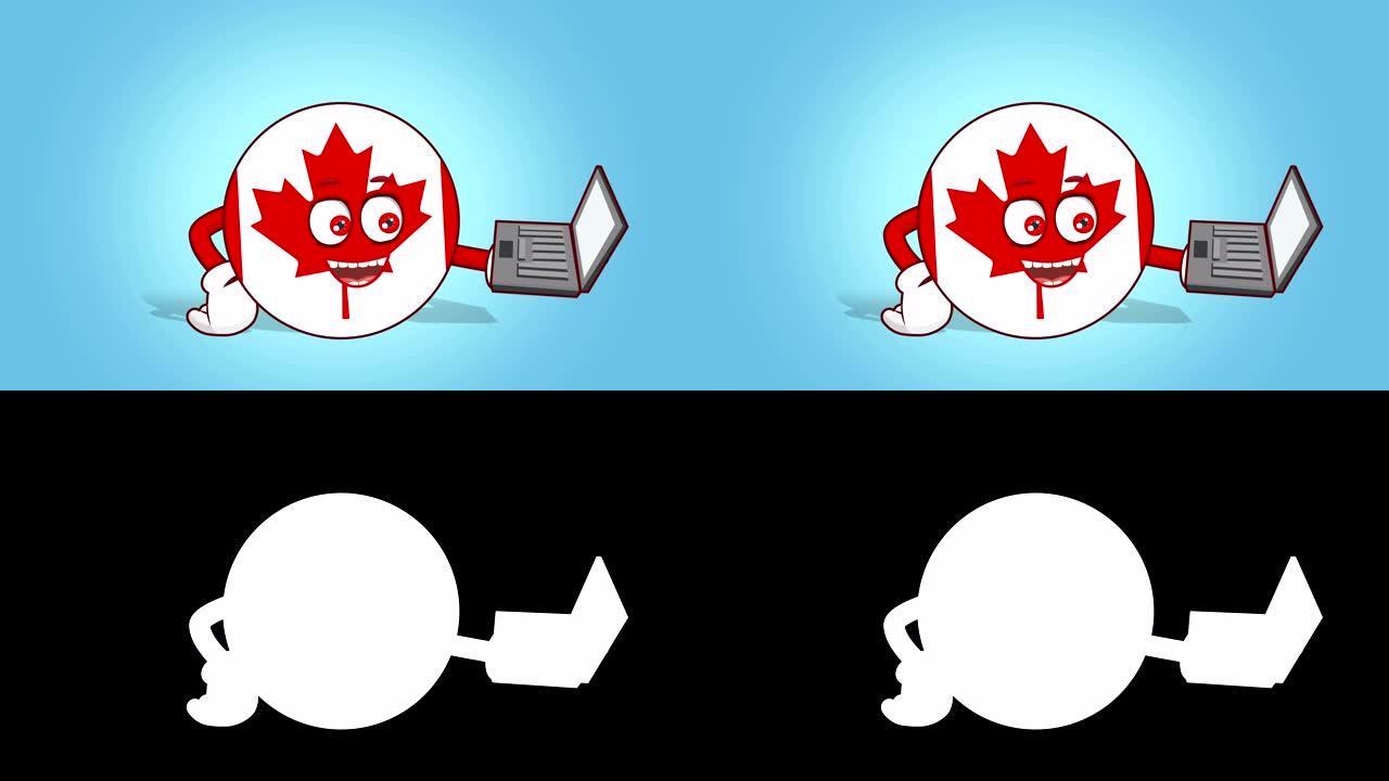 卡通图标旗帜加拿大工作在笔记本电脑与阿尔法哑光脸部动画