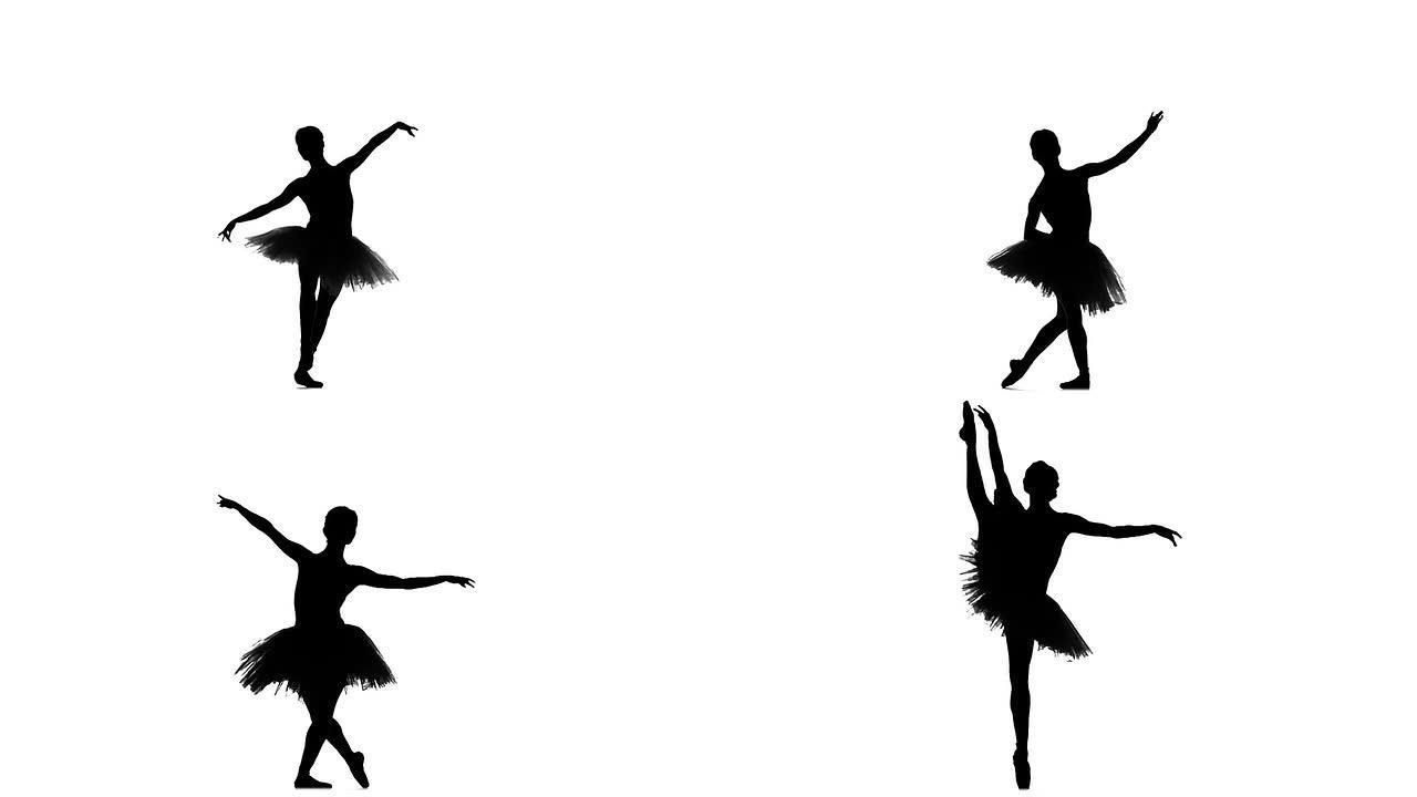 芭蕾舞女演员在芭蕾舞短裙中展示了她的技术，轮廓，慢动作