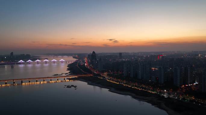 南昌红谷滩一江两岸城市天晴夕阳夜景航拍