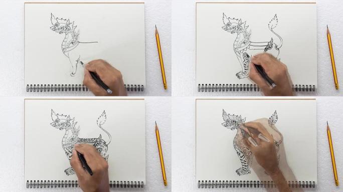 速画，泰国传统艺术狮子，纸上笔