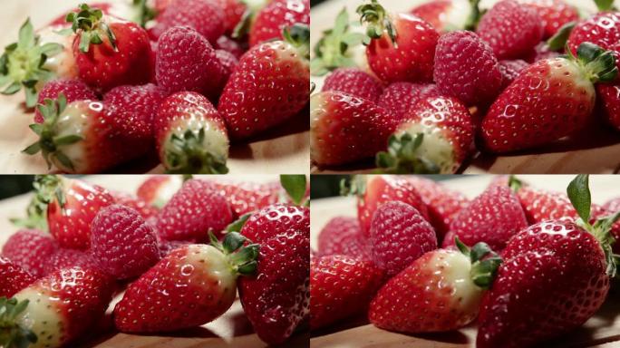 红树莓和草莓水果回旋环。4K