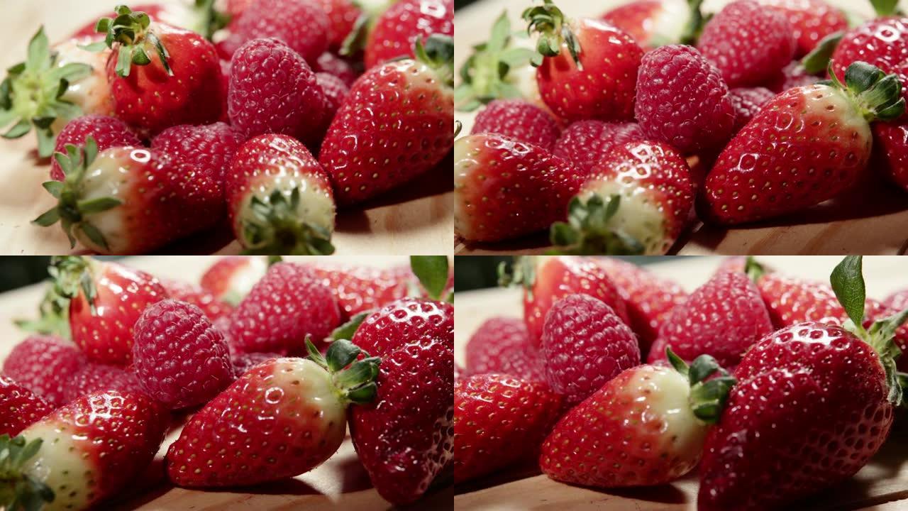 红树莓和草莓水果回旋环。4K