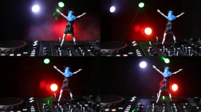 Dj俱乐部概念。女人DJ混音，在夜总会抓挠。dj甲板上的女孩剪影，背景上有频闪灯和雾。玩具创意艺术品