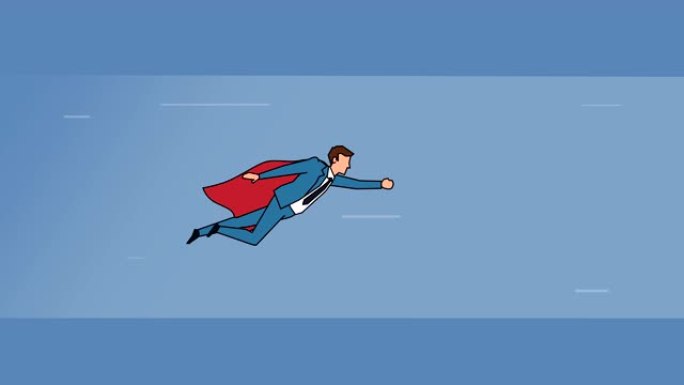 平面卡通商人角色红色斗篷飞行超级英雄进入出口钥匙孔商业成功概念动画