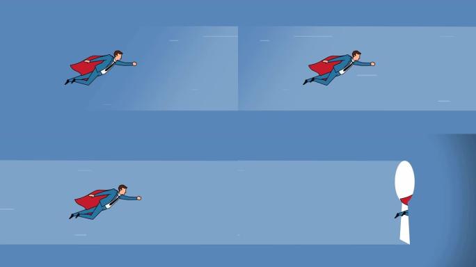 平面卡通商人角色红色斗篷飞行超级英雄进入出口钥匙孔商业成功概念动画
