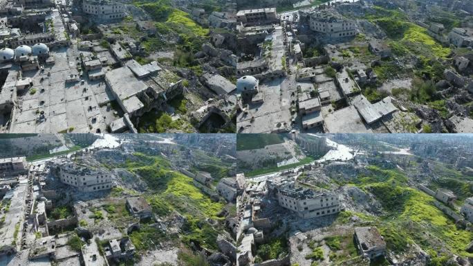 从阿勒颇的建筑废墟和绿色自然空间到整个城市的鸟瞰图。我们可以在背景中看到阿勒颇城堡的底部。