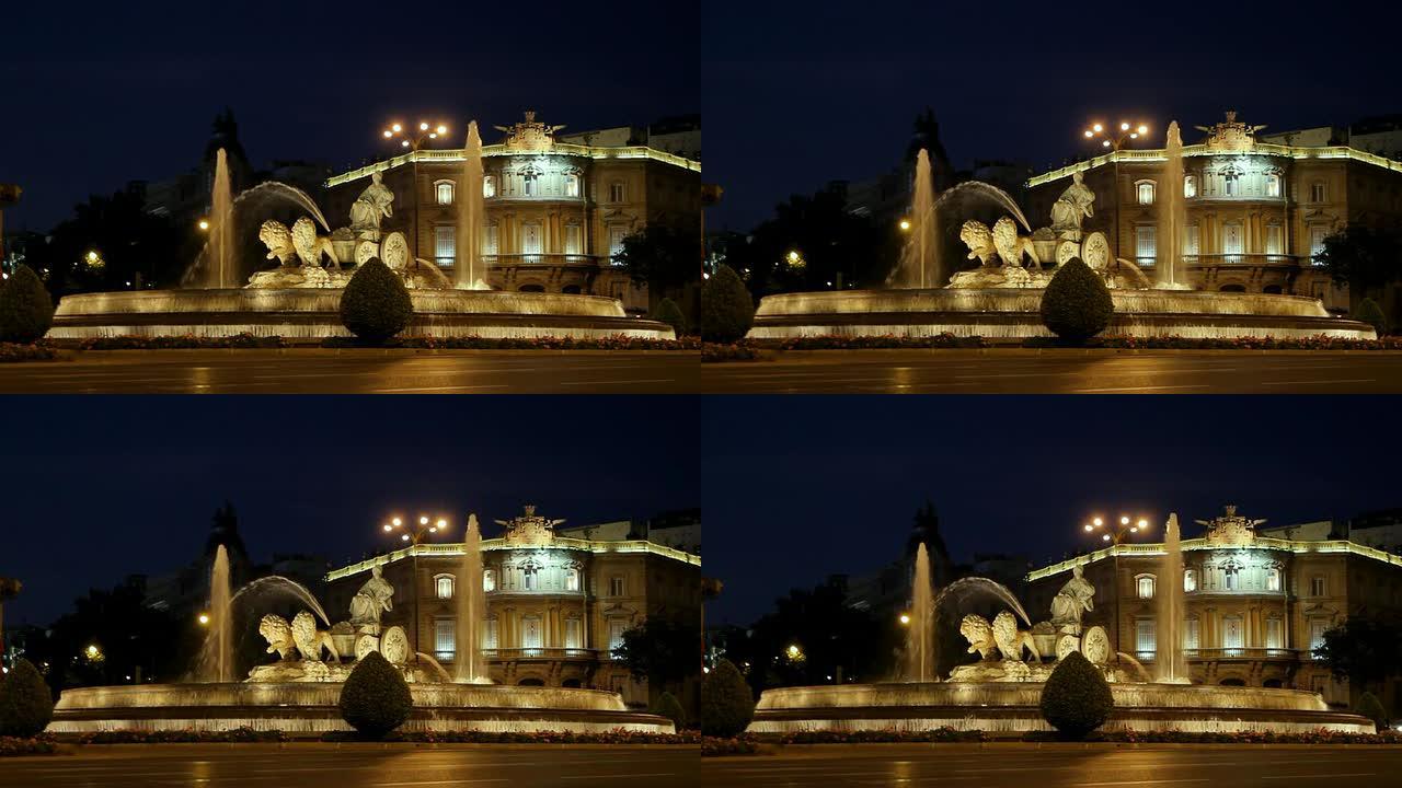 西班牙马德里夜晚的西贝莱斯喷泉 (高清)