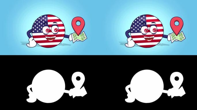 卡通美国图标旗帜美国位置地图与脸动画