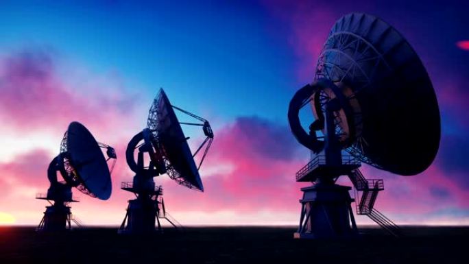 大型阵列射电望远镜。日出时沙漠中射电望远镜的延时。循环逼真的动画。