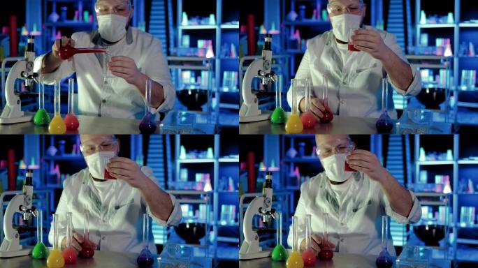 保护眼镜中的科学家化学家将溶液倒入玻璃烧杯中，摇动它并观察反应。显微镜和烧瓶安装在化学实验室中。