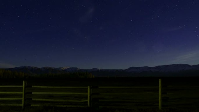 时间圈。星光之夜。前景中的木栅栏，星星在白雪皑皑的山峰上移动