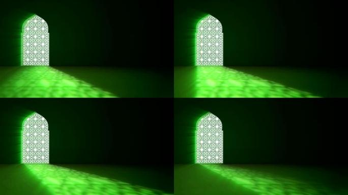 伊斯兰内部清真寺的窗户或门，里面有射线光束。斋月卡里姆伊斯兰运动背景。3d动画。