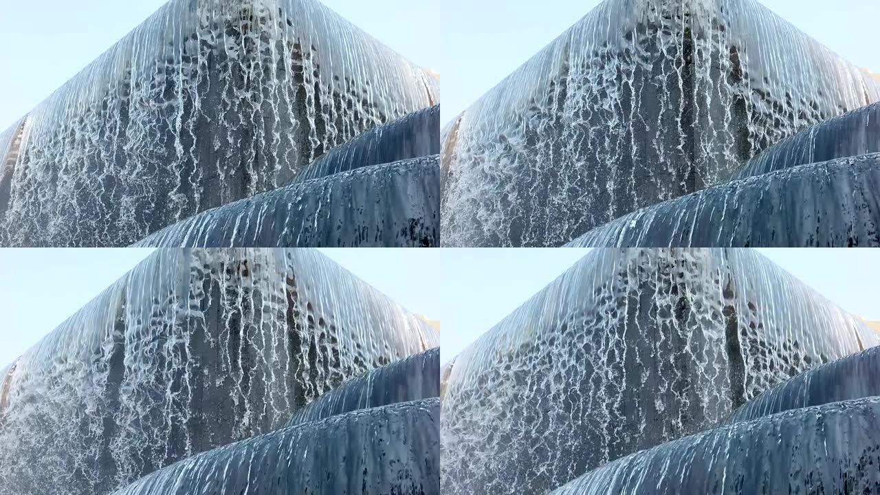 公园里的大喷泉，水流落入水中，在喷泉中产生泡沫，慢动作全高清，1080页。