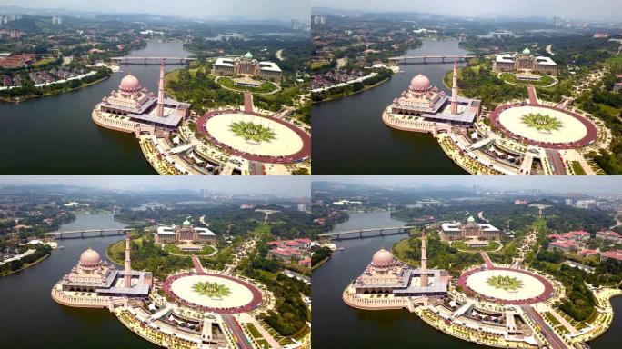 带花园景观设计的布特拉清真寺和布城湖的鸟瞰图。马来西亚吉隆坡市最著名的旅游景点