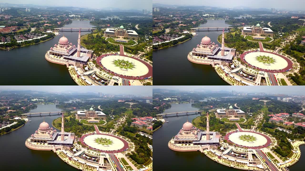 带花园景观设计的布特拉清真寺和布城湖的鸟瞰图。马来西亚吉隆坡市最著名的旅游景点