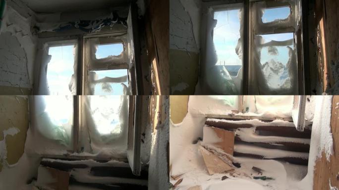 俄罗斯最北部的白雪废墟废弃的鬼城煤矿。