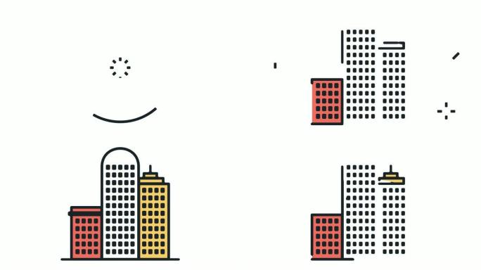 城市摩天大楼Flat扁线图标动画与阿尔法