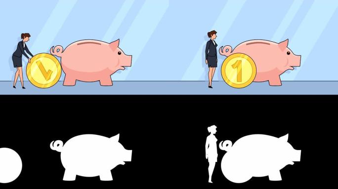 平面卡通女商人角色卷推硬币到存钱罐美分钱概念动画