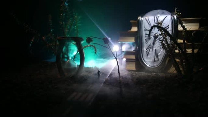 时间概念。一个男人站在沙漏之间的剪影，烟熏和黑暗背景上的灯光。超现实装饰图片