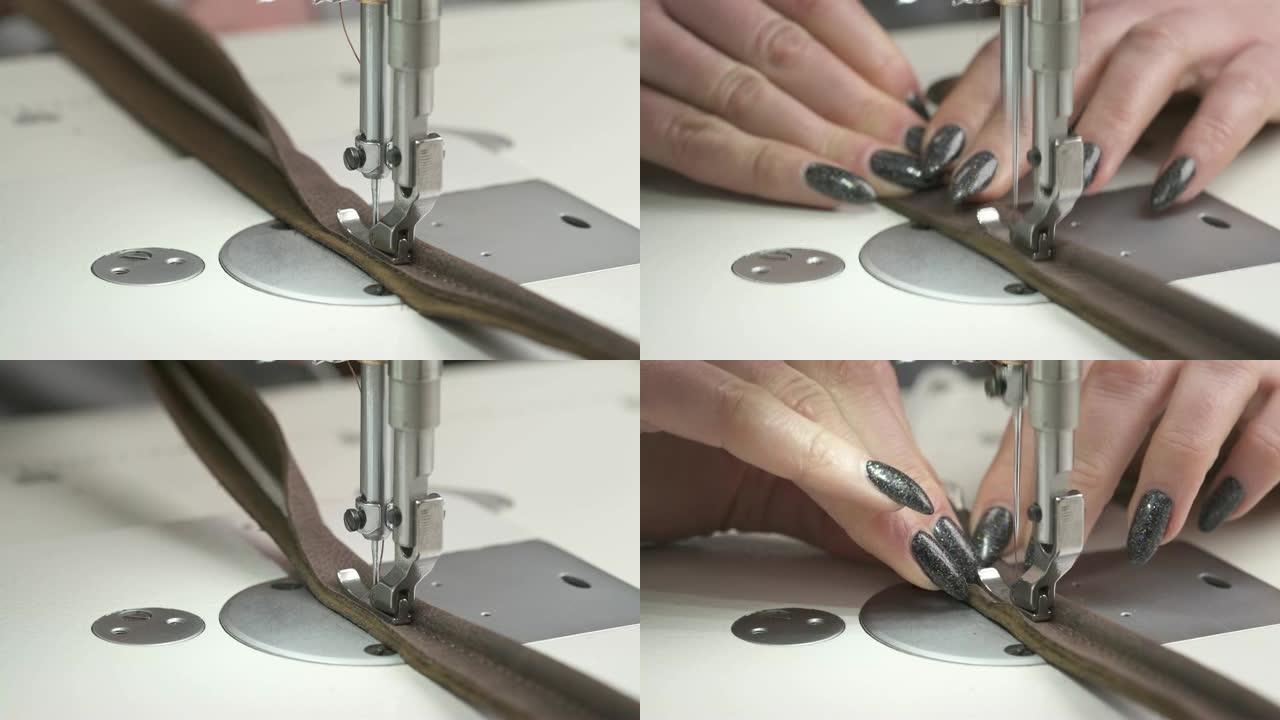 专业人员在缝纫机上制造家具装饰元件的演示视频。生产线上的工人。