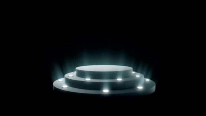 空的圆形讲台，基座或由音量聚光灯照亮的平台。黑色背景上的一组明亮的探照灯。数字3d动画。