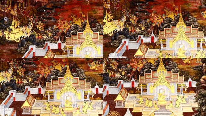 墙上的画罗摩衍那故事在翡翠佛 (Wat Phra Kaew或Wat Phra Si Rattana 