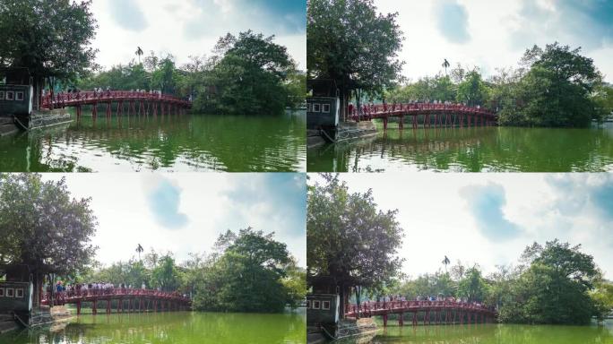 美丽的红桥，越南河内还剑湖上的Huc桥，延时视频