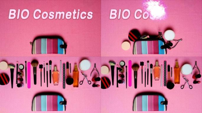 俯视图停止运动关于女性化妆配件的主题与文字公告生物化妆品