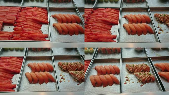 餐厅里混合切片鱼寿司日本料理的锅权。