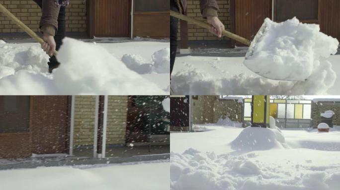 男子清洁铲雪在院子里慢动作