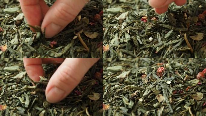 雌性手摘茶叶冲泡。干叶煎茶绿花茶背景。宏观。特写。慢动作