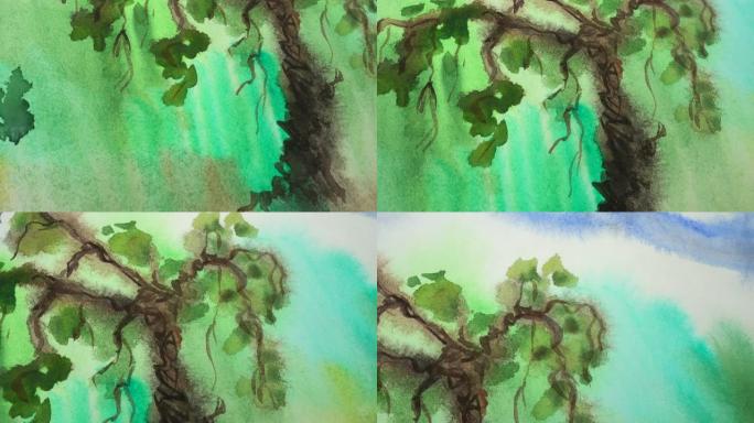 树木水彩画。
