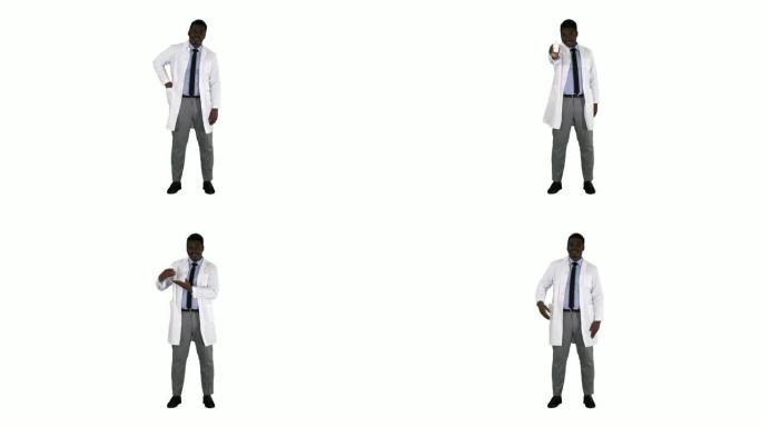 美国黑人医生在白色背景上呈现鼻腔喷雾