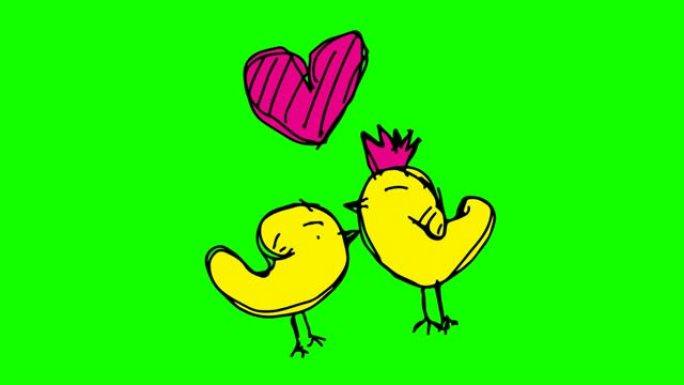 孩子们画以鸡和爱为主题的绿色背景